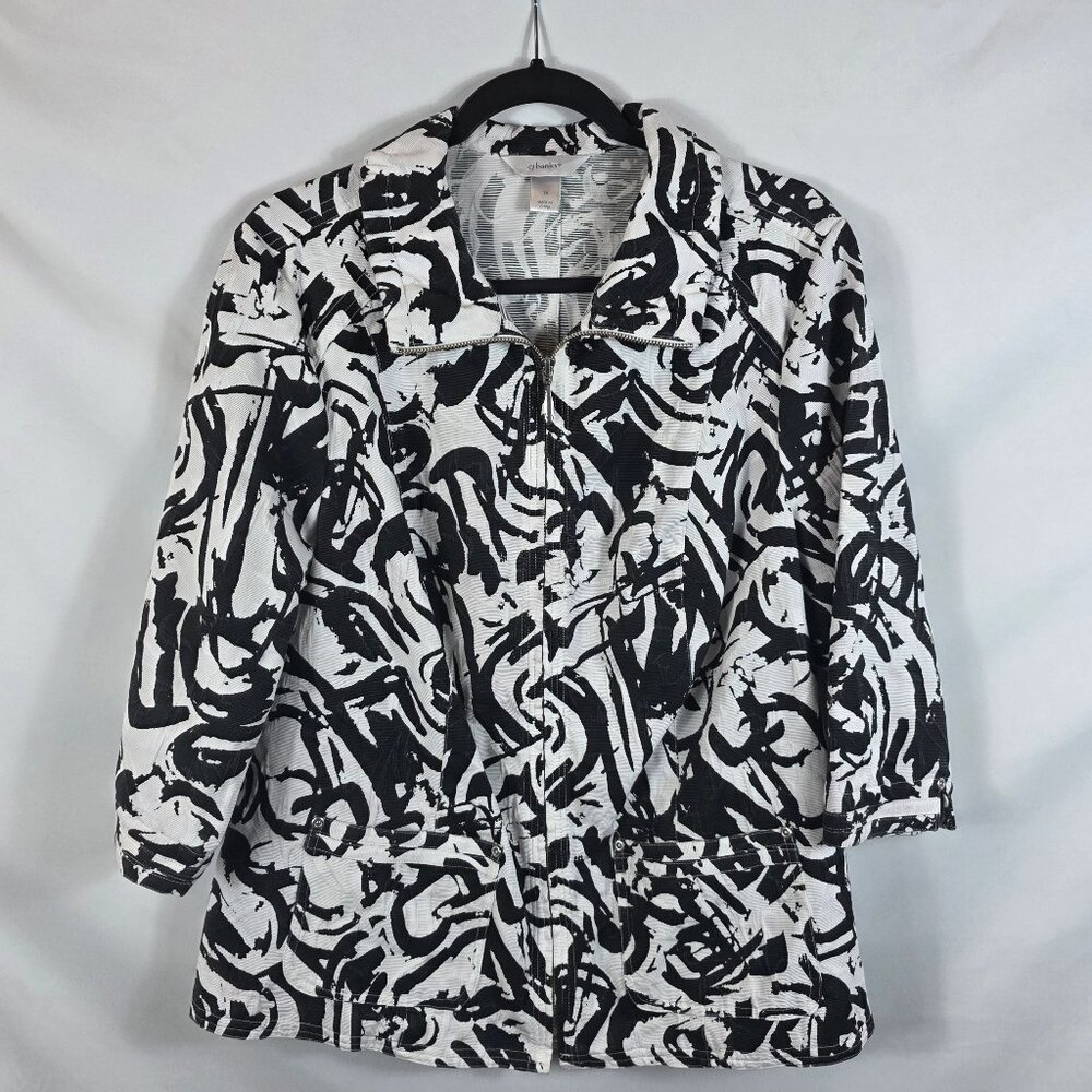 CJ Banks Jacket Women's Size 1X Black & White Abstract Zip Front Pockets